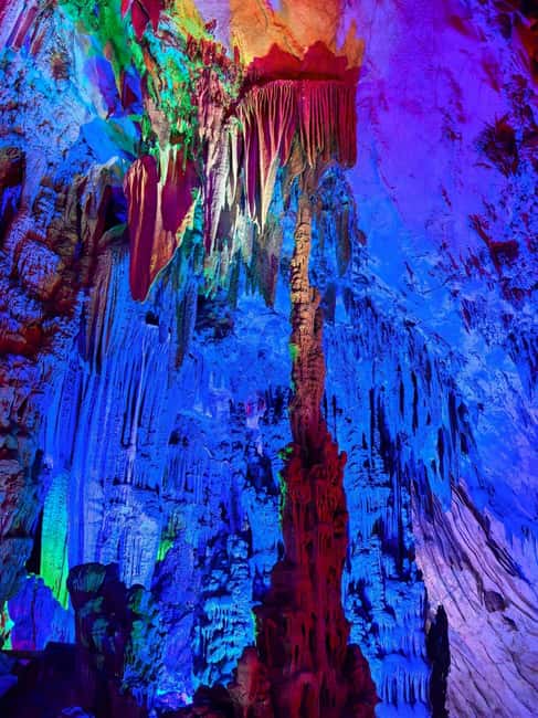 Guilin: Cave, Yulong Rafting, Glass-bottomed skywalk & Show - Reed Flute Cave: colorful chambers below Guilin