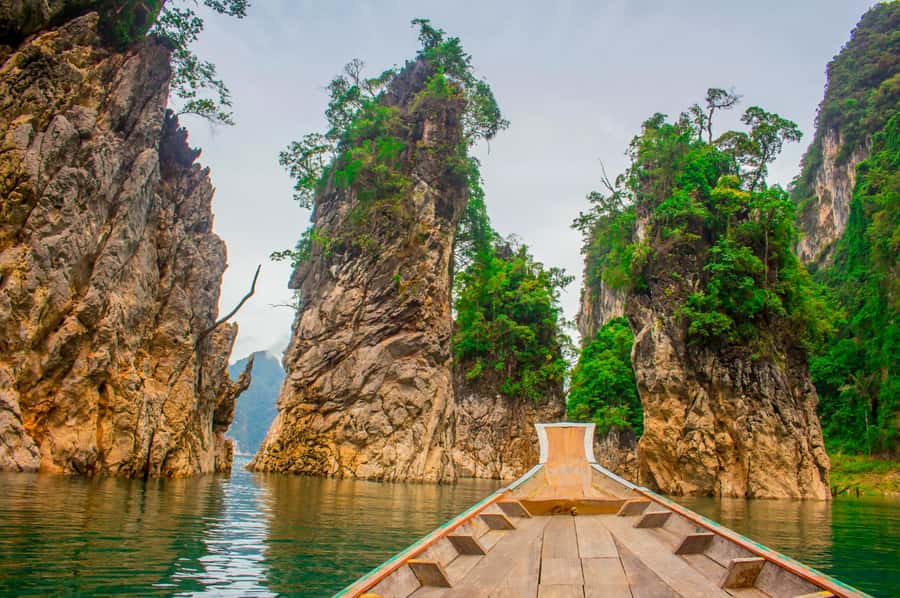Phuket:Cheow Lan Lake & Kho-Sok,Bamboo Rafting,Monkey Temple - Cruising Cheow Lan Lake by Long-Tail Boat